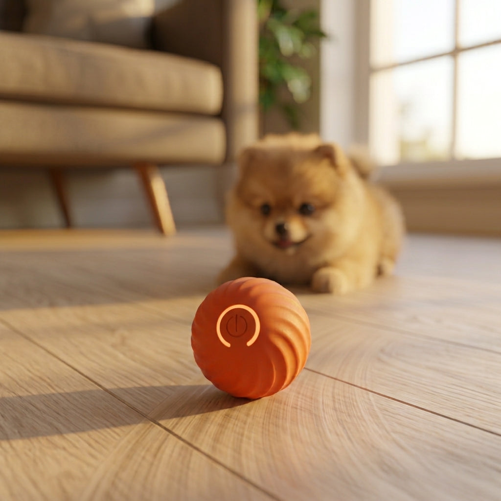 Orange Rollo self-rolling dog ball on a wood floor with a Pomeranian watching from behind