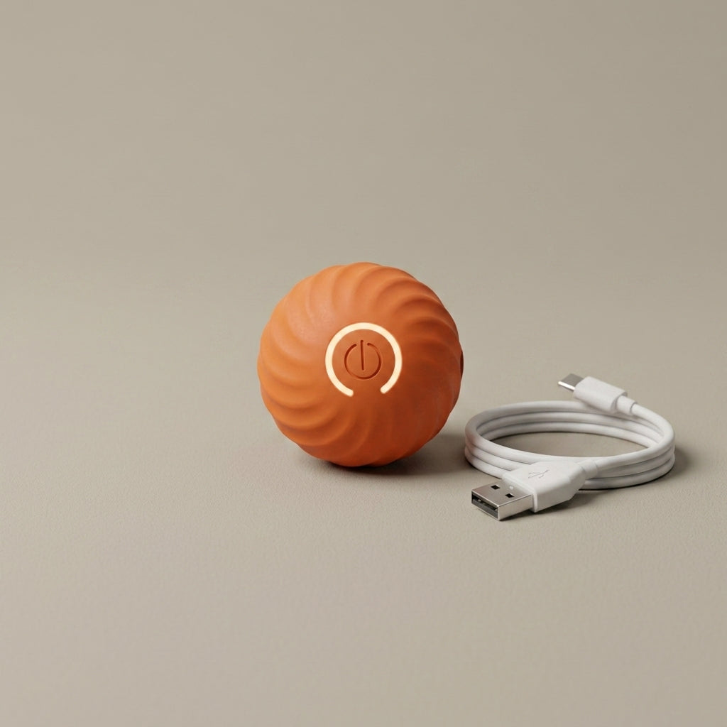 Orange Rollo dog ball next to the USB charging cable included in the box